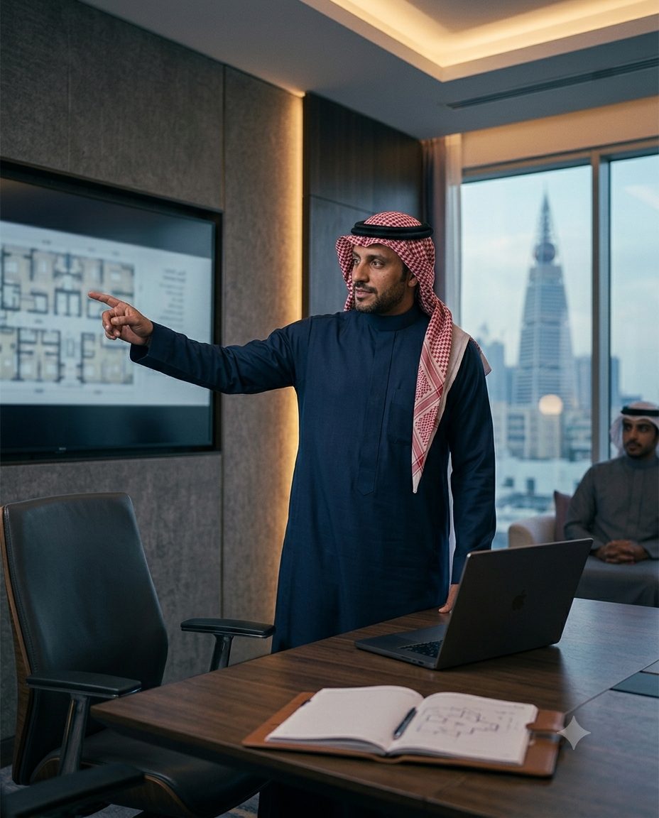 موظف يشرح مخططات معروضة على شاشة داخل قاعة اجتماعات تطل على أفق المدينة