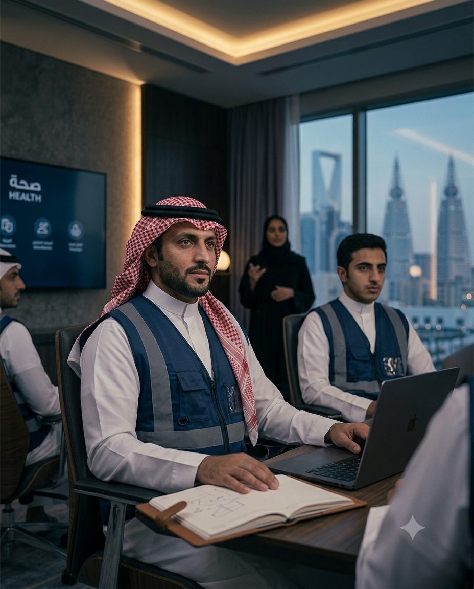 فريق عمل يرتدي سترات السلامة يتابع عرضاً عن الصحة والسلامة في قاعة اجتماعات