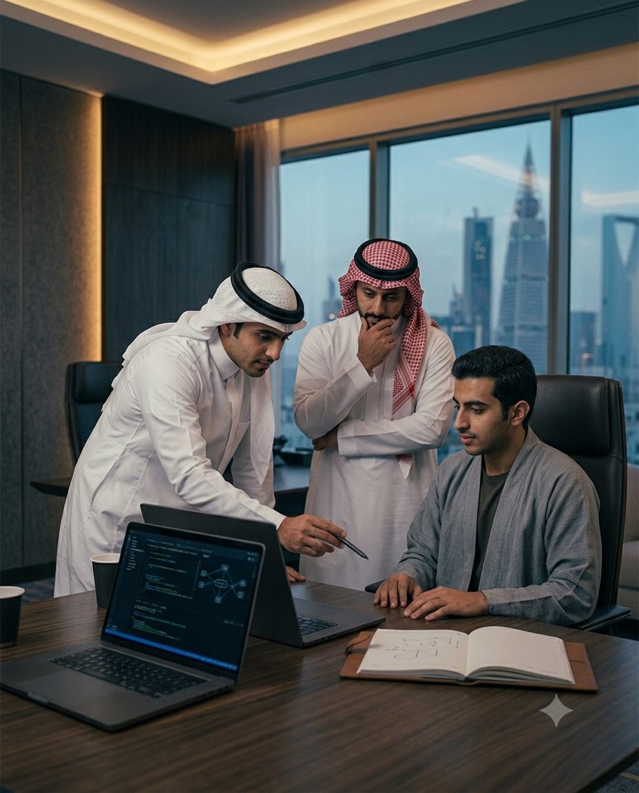 ثلاثة زملاء يراجعون عملاً تقنياً معروضاً على شاشة حاسب محمول حول طاولة اجتماعات